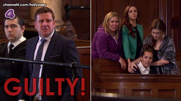 Hollyoaks's tweet photo. "Do you find Peter Buchanan guilty or not guilty of sexual activity with a child?" - "Guilty.”#PetesTrial #Hollyoaks https://t.co/9zeDQ7opyS