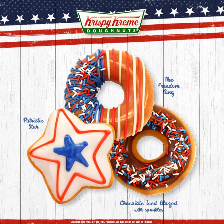 krispykreme's tweet photo. Let Freedom Ring w/ new patriotic doughnuts! Available in select US locations through July 4 https://t.co/8MkIpRd0VE https://t.co/Pw9sXiCLXK