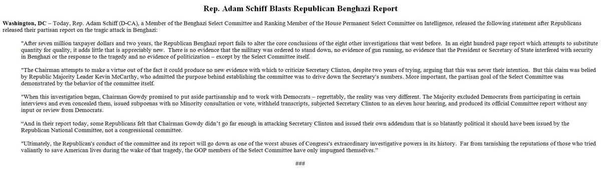 SenAdamSchiff's tweet photo. Read my full statement on the release of Republican's partisan #BenghaziReport this morning: https://t.co/i2PEmfYj1s