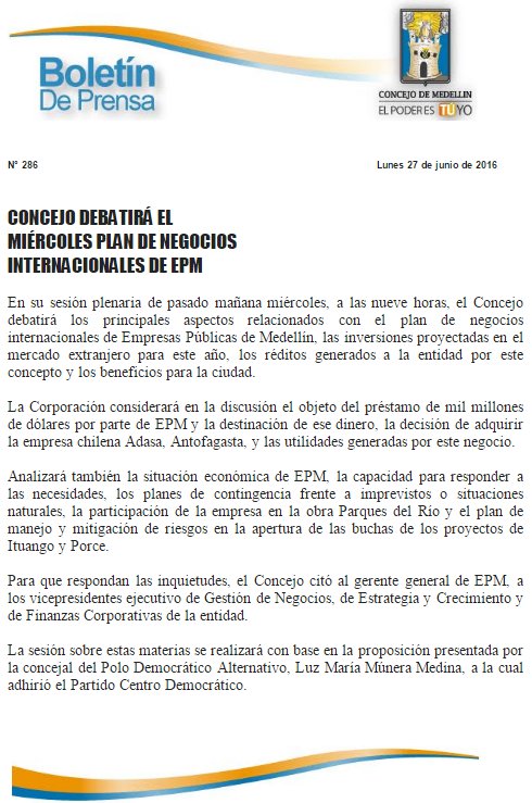 Boletín de Prensa: Concejo Debatirá el Miércoles Plan de Negocios Internacionales de EPM. En vivo por <a href="/Telemedellin/">Telemedellín</a>.
