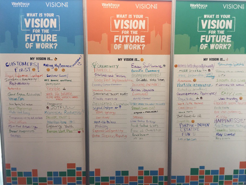 stelzner's tweet photo. "What is your vision for the future of work?" - Answers from #WFSVision16 attendees https://t.co/DbGaAk6U9x