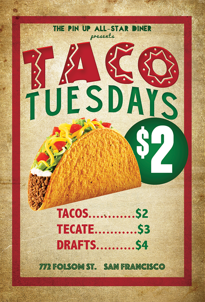 thepinupsf's tweet photo. Happy #TacoTuesday! Come out &amp; enjoy $2 #tacos (chicken, steak, pork), $3 Tecates &amp; $4 drafts! #thepinupsf https://t.co/YeBri0rcbt