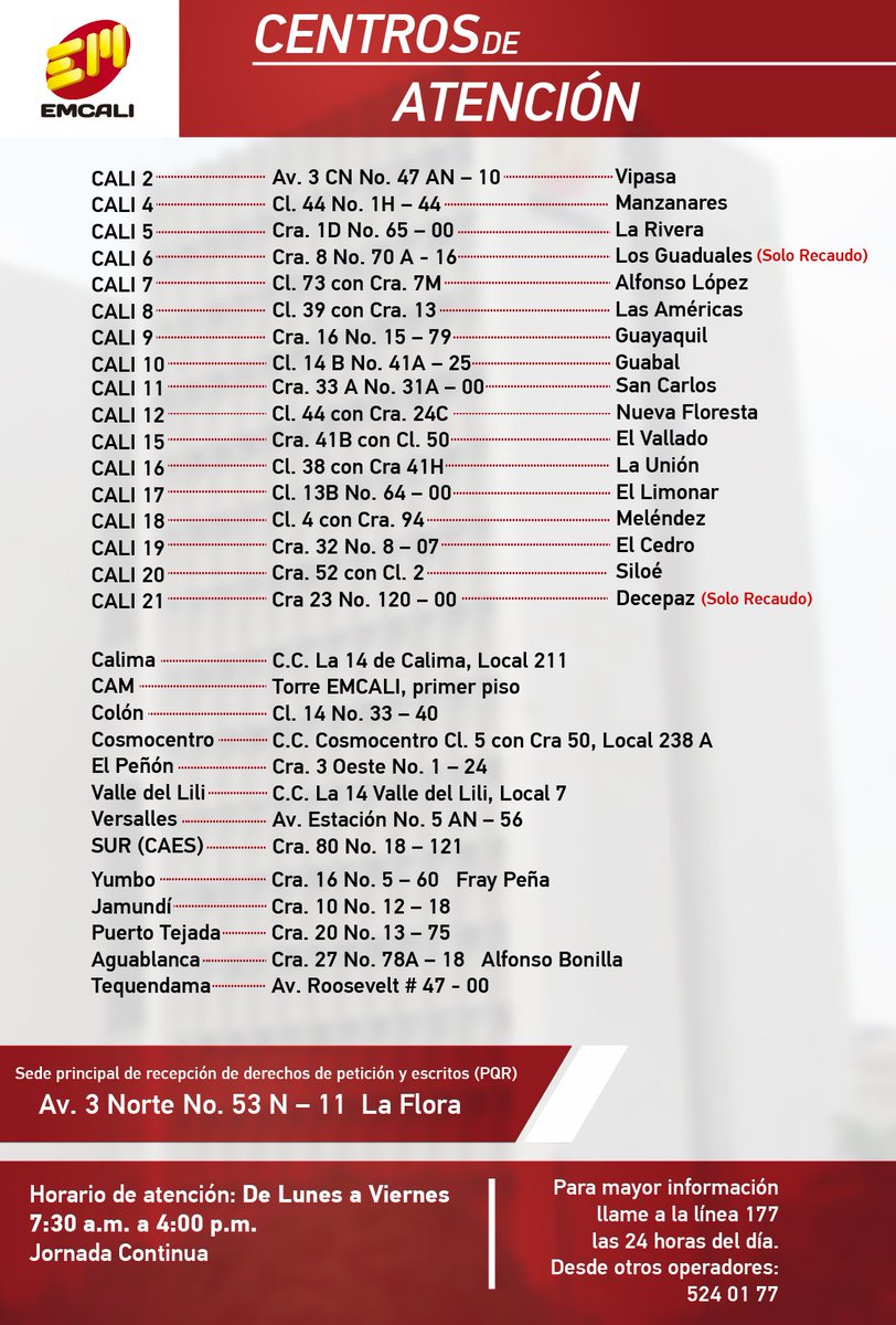 EMCALIoficial's tweet photo. EMCALI tiene centros de atencion disponibles en toda la ciudad consúltelos aquí @CaliSosVos @EnterateCali https://t.co/zKxBfDPD0A