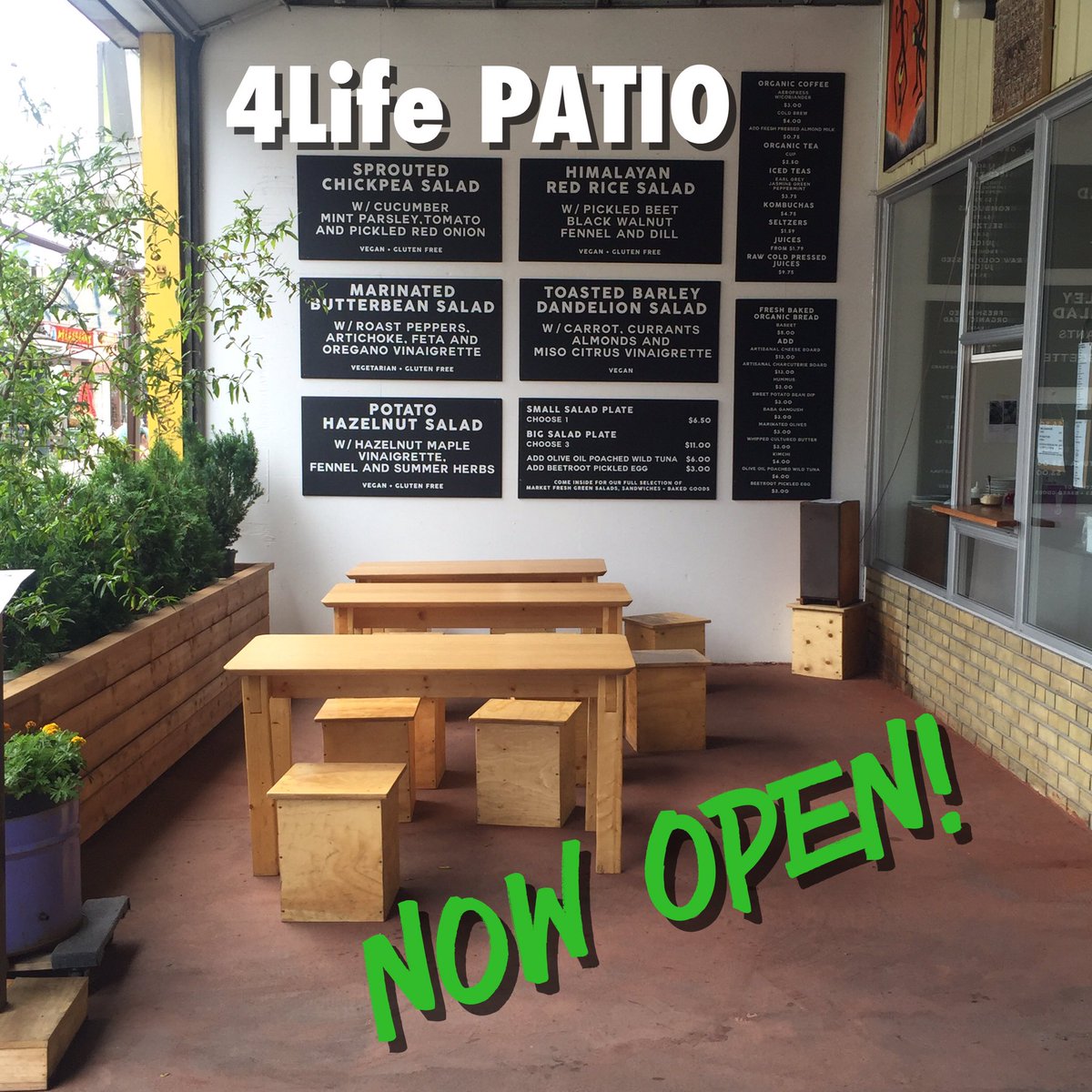 The 4Life Patio is NOW OPEN! Serving salads, sandwiches, beverages and charcuterie plates! #kensingtonmarket