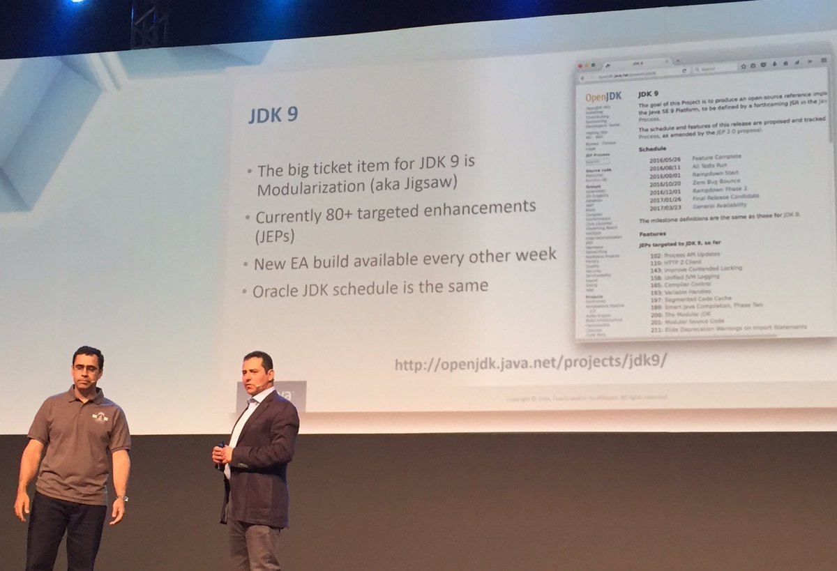 JavaOne's tweet image. JDK 9 early access builds available for testing today #JavaOneBR keynote