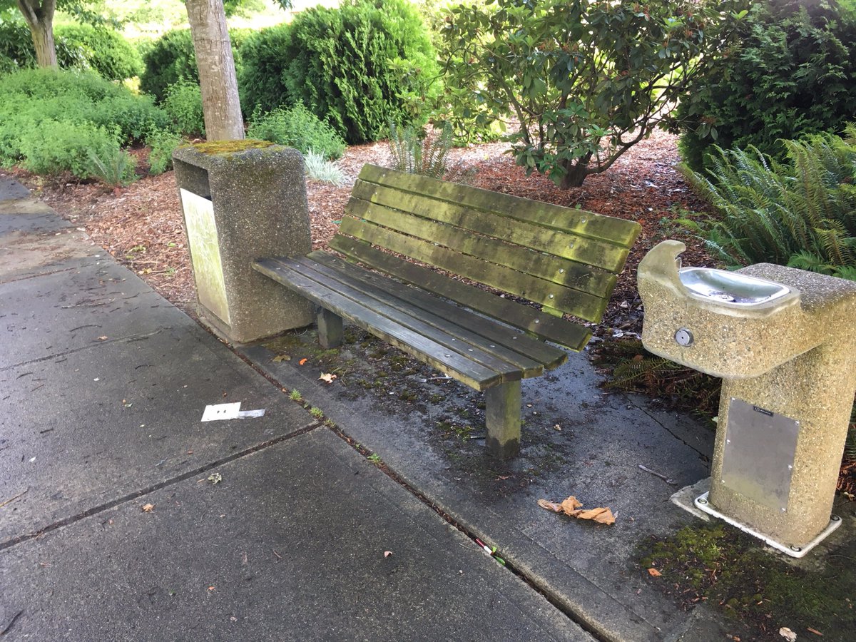 benchesofissy's tweet image. Bent, mossy bench with view of soccer field parking. Broken water fountain. Sheltered from bustle of 56th &amp;amp; SR900.