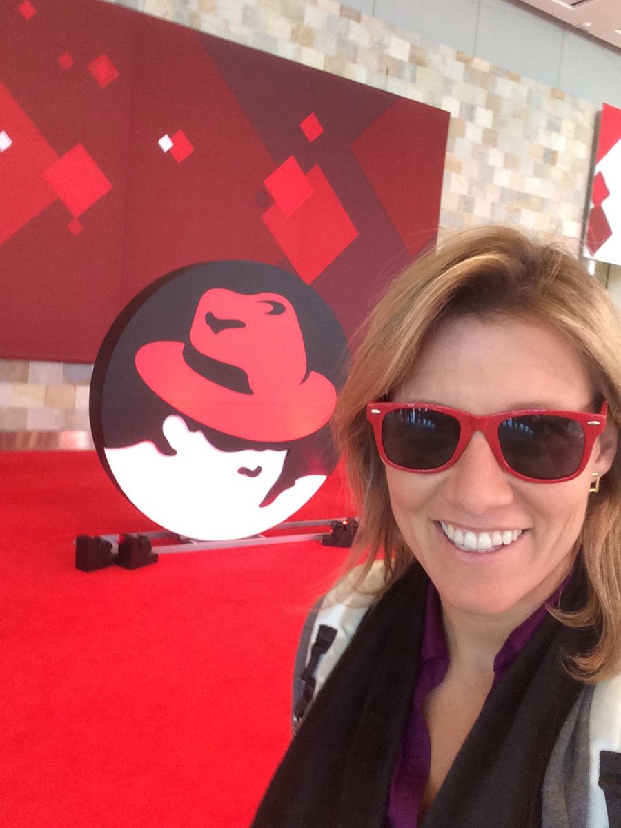 ExtremeDebra's tweet photo. Red glasses, Red Hat, #RHSelfie at #RHSummit @PLUMgrid https://t.co/o4VhKFD0hC