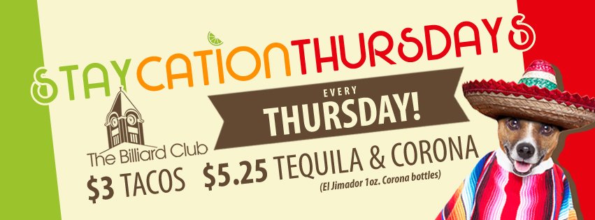 TheBilliardClub's tweet photo. Jonesing for a Getaway but used up all your vacation days in January? Come for our STAYCATION THURSDAY Launch! #yeg https://t.co/8evDSdUAII