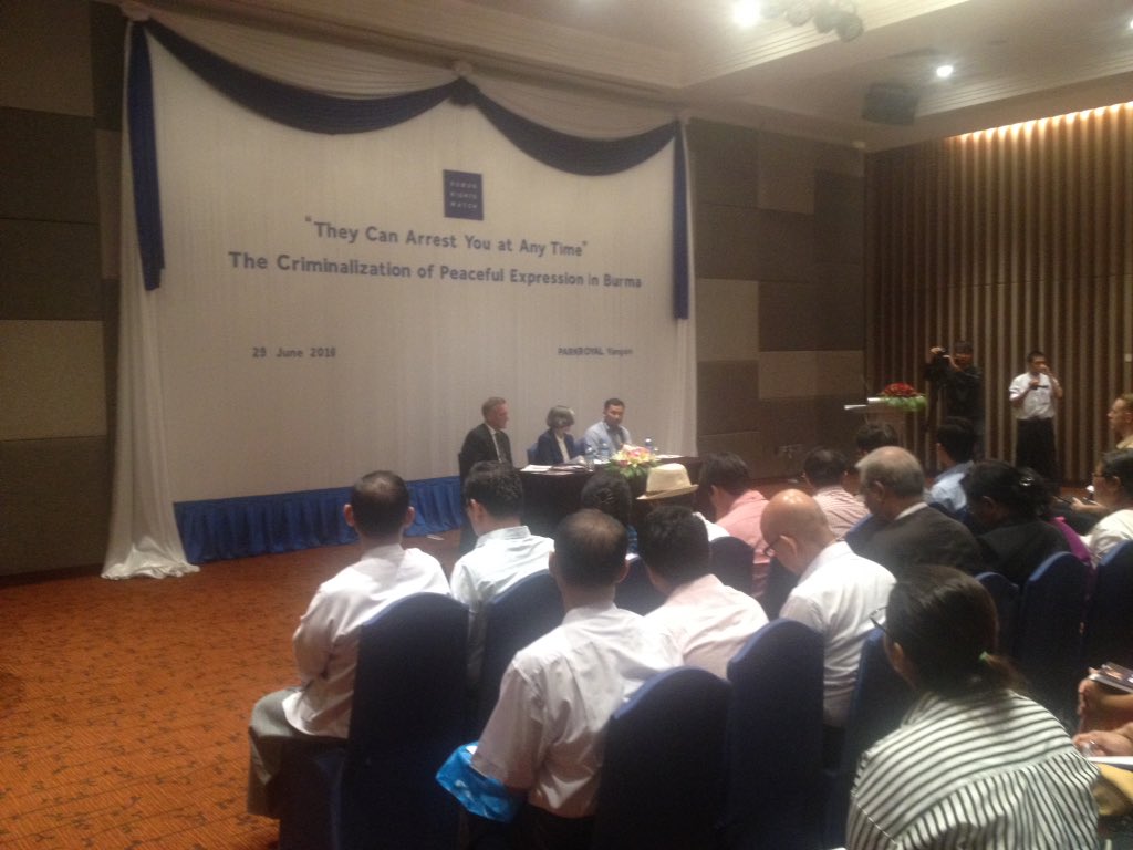 ali_fowle's tweet photo. HumanRightsWatch calls on #NLD gov to reform laws used to restrict #peacefulexpression in #Myanmar at report launch https://t.co/VOlVE9Sxs7