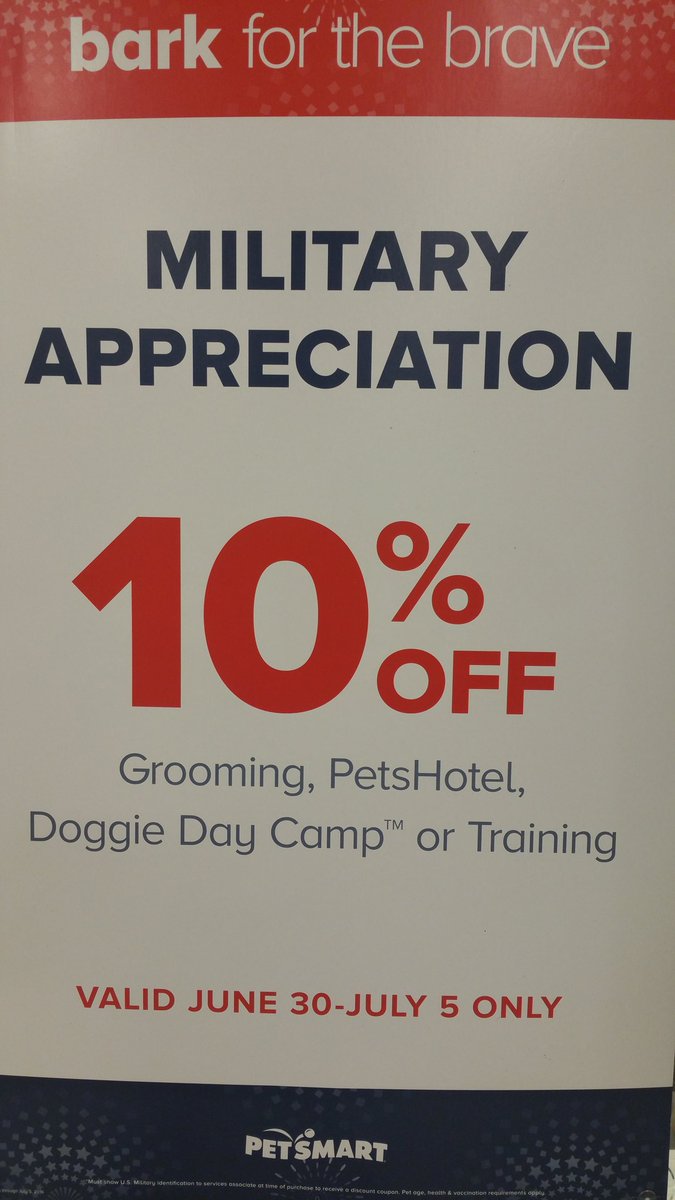 PetSmartLakeMar's tweet photo. We appreciate our veterans at Petsmart Lake Mary make an appointment from June 30th to July 5th and receive 10% Off. https://t.co/PtEcZzESt8