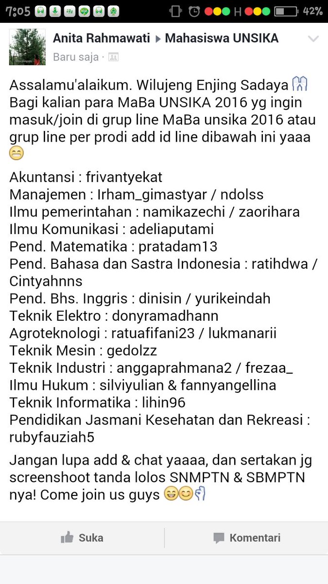 Assalamu'alaikum. Wilujeng enjing sadaya🙌 yg mau join grup maba 2016, kuy add &amp; chat id line dibawah ini 😊
