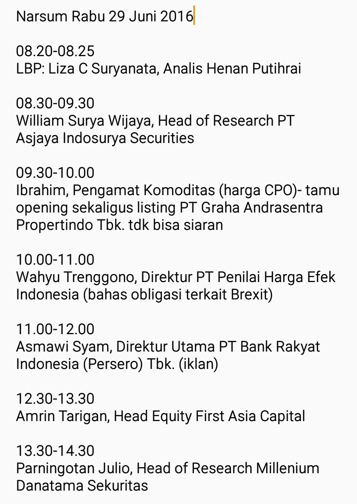 Happy wednesday. Masih ini daftar narsum luve talkshow hari ini  <a href="/idx_channel/">IDX CHANNEL</a> <a href="/mover_shakers/">Movers and Shakers</a> <a href="/ernagirsang/">erna</a> <a href="/IDX_BEI/">IDX</a>