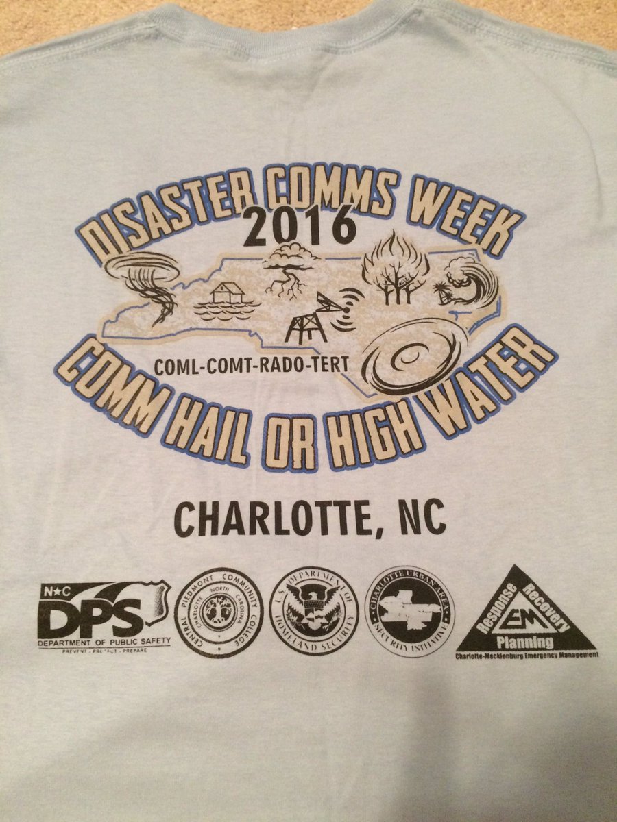 CFD_Alarm's tweet photo. Cool shirts given out to all attendees of Disaster Comms Week 2016. 'Comm Hail or High Water' #CommsWeek16 #NCCOMU https://t.co/YIp7GimkcT