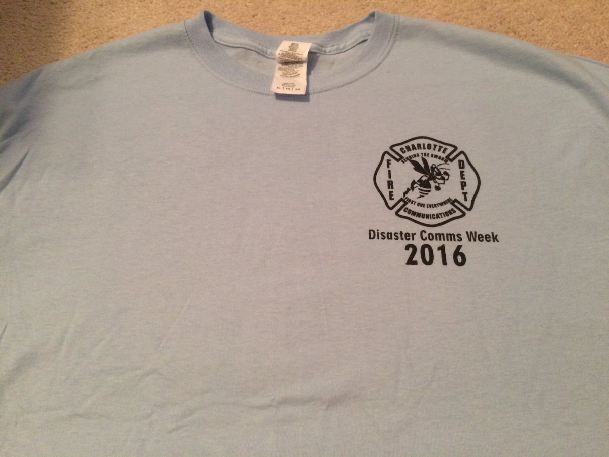 CFD_Alarm's tweet photo. Cool shirts given out to all attendees of Disaster Comms Week 2016. 'Comm Hail or High Water' #CommsWeek16 #NCCOMU https://t.co/YIp7GimkcT