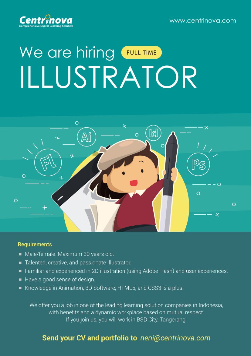 Silahkan mengirimkan CV, Porto folio, dan lampiran terkait lainnya ke: neni@centrinova.com.
centrinova.com