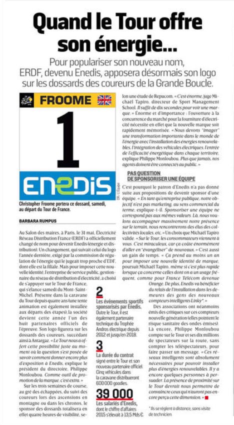 RepucomFr's tweet image. #RepucomInsight A lire dans @lequipe du jour : 4h de visibilité pour @enedis partenaire du #TDF2016