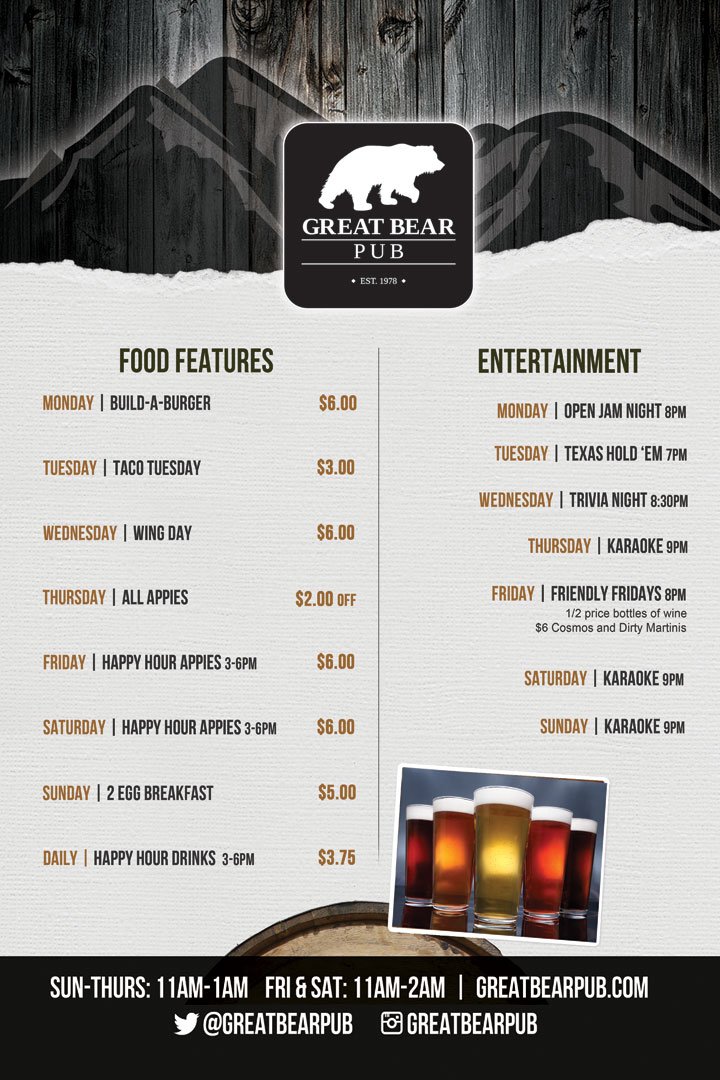 Tuesday is poker night &amp; here's what's happening for the rest of the week at the Great Bear