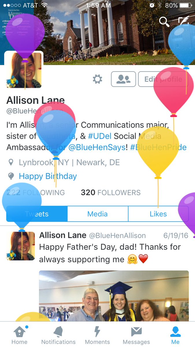 BlueHenAllison's tweet photo. Since when do balloons show up on your profile for your birthday? Not complaining... Thanks @twitter ! https://t.co/ToSV7c5YFL