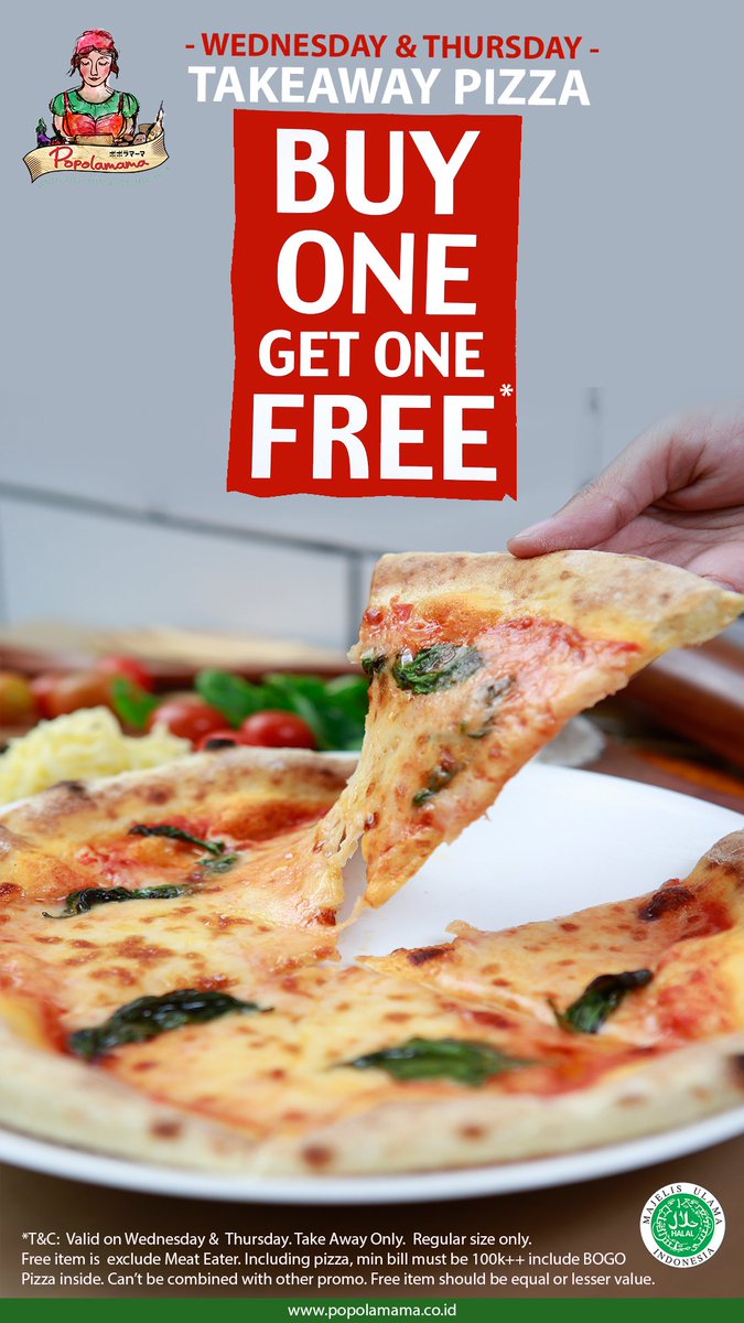Takeaway your pizza, get two pizza for a price of one every Wednesday &amp; Thursday.