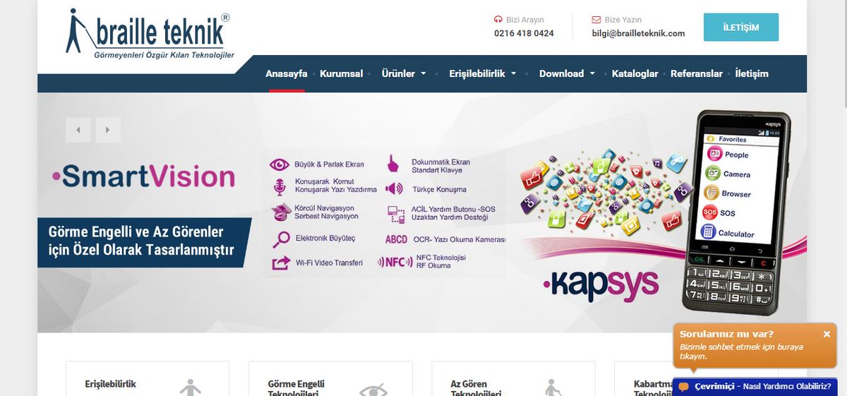 Görme Engelli Teknolojilerini CANLI SOHBET aracılığıyla sorularınızı sorabilirsiniz.
brailleteknik.com