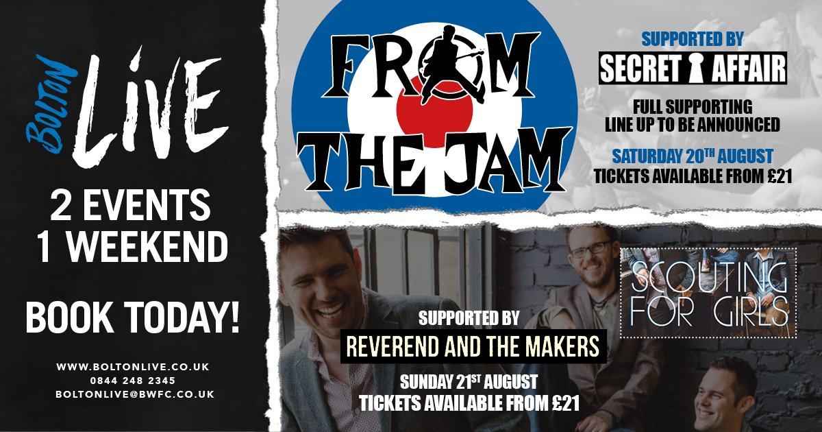 BolStadiumHotel's tweet photo. Tickets are now on sale for #FromTheJam & #ScoutingFor Girls #BoltonLive #Music https://t.co/2P8DmzRC1t https://t.co/z7Y3BvX4PH