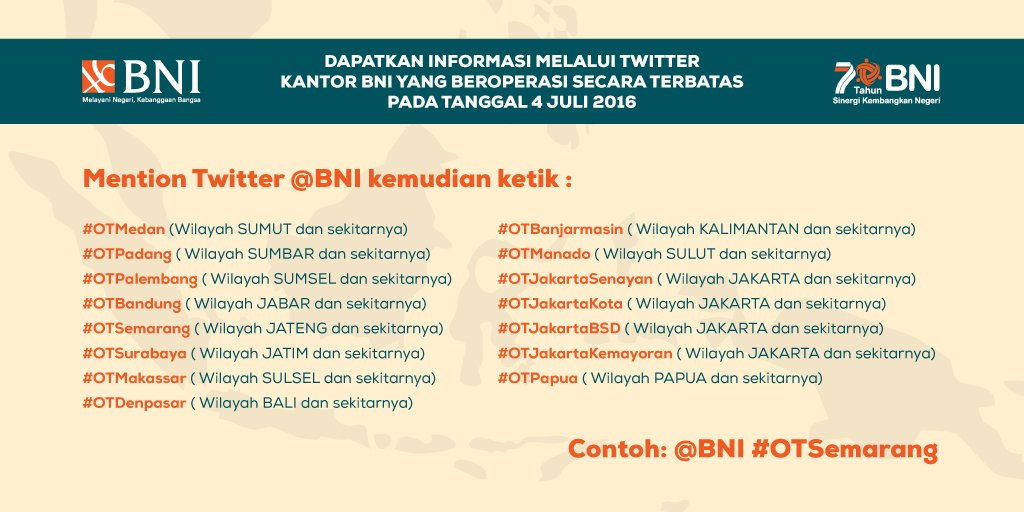 BNI's tweet photo. Cara mudah untuk mengetahui kantor BNI yang beroperasi terbatas tanggal 4 Juli 2016. Caranya bisa lihat dibawah ini https://t.co/zddDgUkkHb