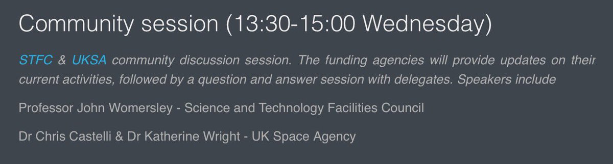 After lunch is our community forum in B52 with speakers from <a href="/STFC_Matters/">Science and Technology Facilities Council</a>, <a href="/spacegovuk/">UK Space Agency</a> &amp; <a href="/RoyalAstroSoc/">Royal Astronomical Society</a>