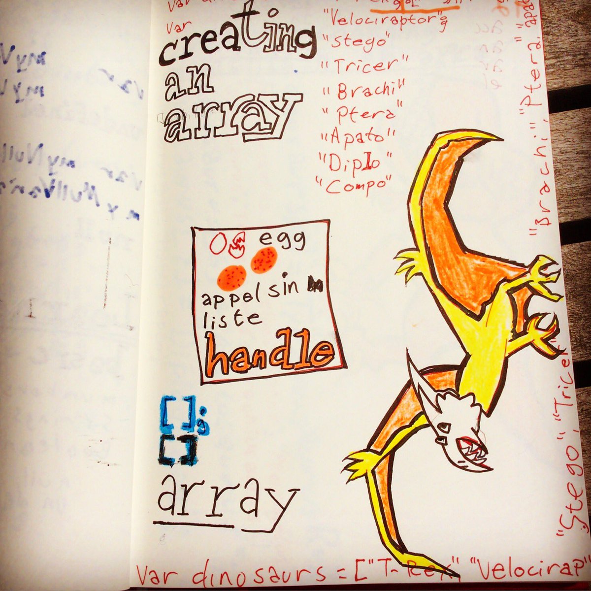 OlaHolstVea's tweet image. An array of dinos #todaysdoodle is from #javaScriptForKids by @skilldrick #sketchnote #javascript