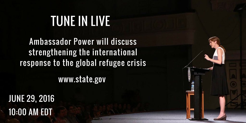 Live now:
<a href="/AmbassadorPower/">Samantha Power</a> speaks at <a href="/USIP/">U.S. Institute of Peace</a> on response to the #refugees crisis
Watch: state.gov
