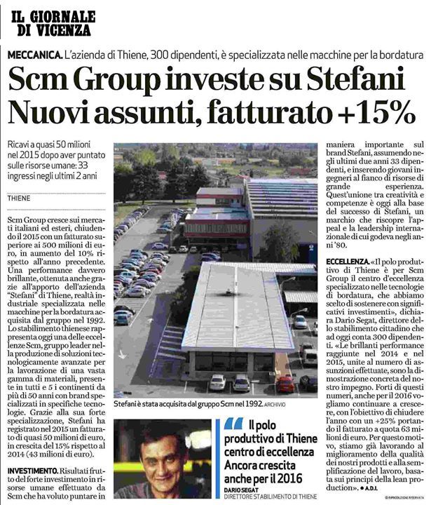 Il Giornale di Vicenza.it parla di Scm Group. Nuovi assunti e fatturato in crescita del 15% per #Stefani, centro di…