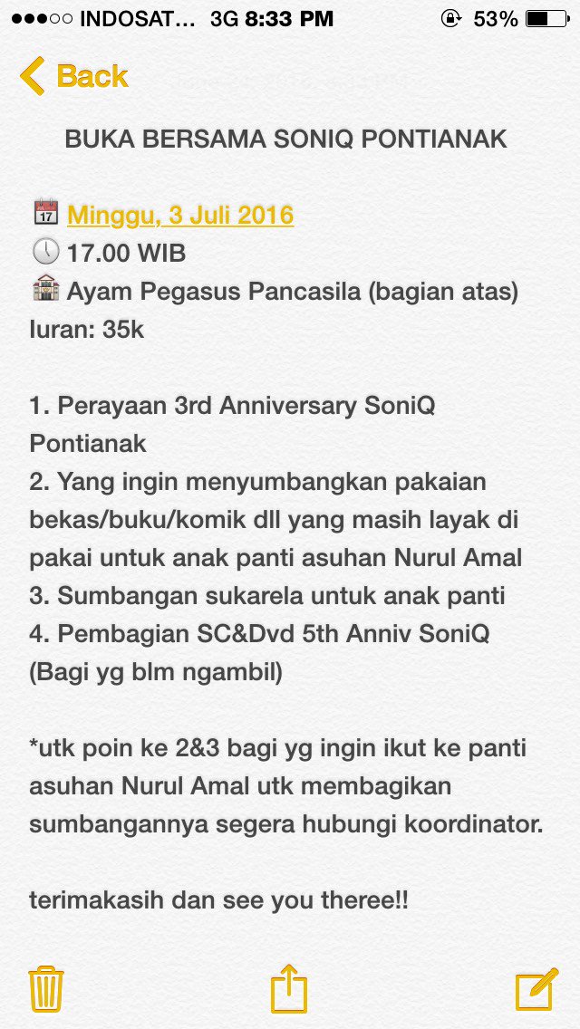 Haii Sonak Jangan lupa dateng dan ramein buka bersama SoniQ Pontianak 2016 yaaa😊 See you✌