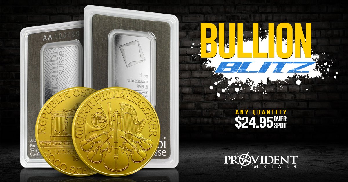 ProvidentMetals's tweet photo. Bullion Blitz - Low Price &amp; Free Shipping | Sale Ends Soon! Platinum &amp; Gold @ spot + $24.95 
https://t.co/qZXoZz90ve https://t.co/fc0aBvHNH6