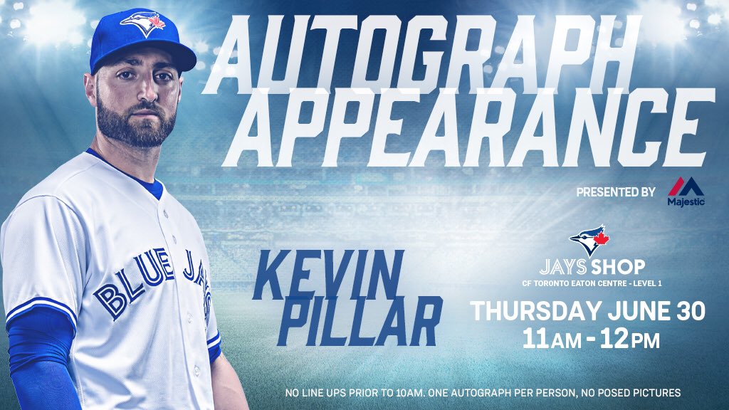 REMINDER: <a href="/KPILLAR4/">Kevin Pillar</a> will be signing tomorrow from 11am-12pm at <a href="/CFtoeatonCentre/">Toronto Eaton Centre</a> Jays Shop. No line ups prior to 10am
