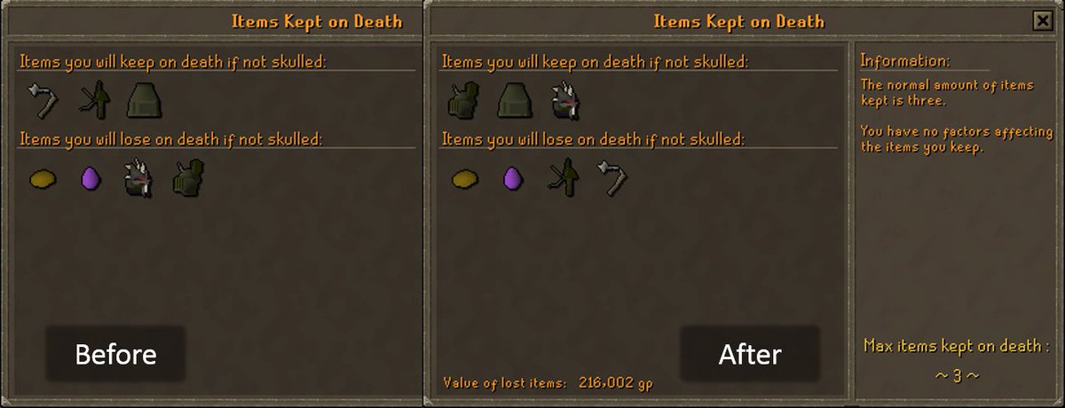 JagexKieren's tweet photo. From tomorrow, items will be kept based on GE value instead! Also -value of lost items is displayed! TY @JagexMaz! https://t.co/cNT5ID6ZoF