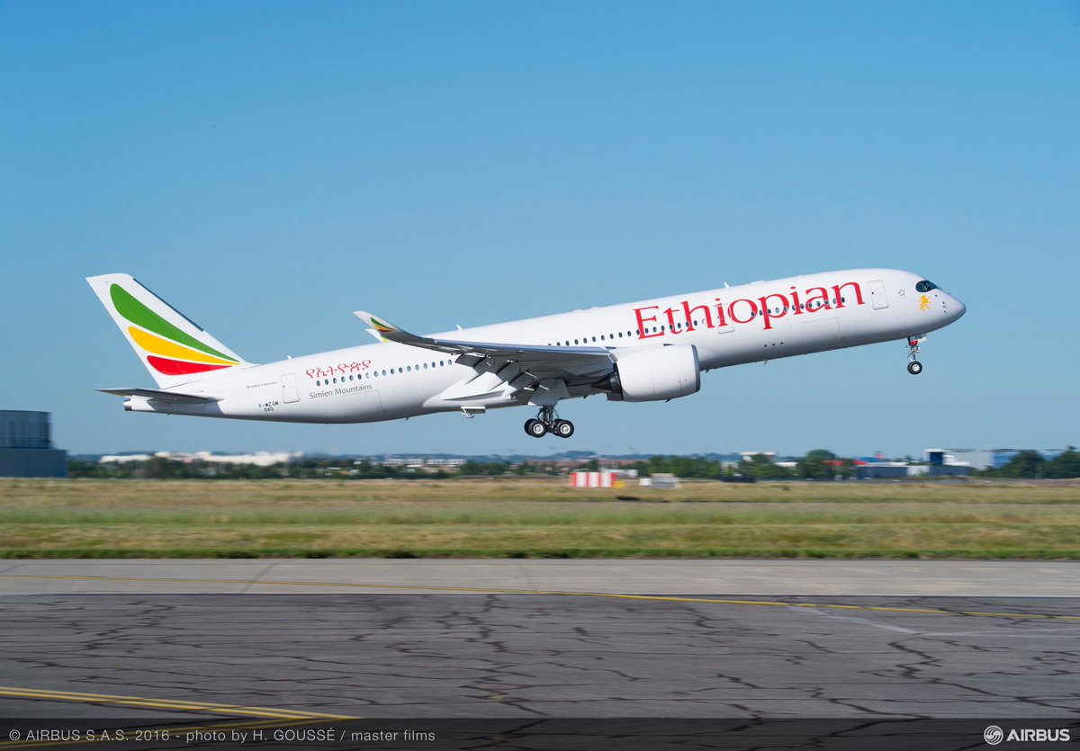 Airbus's tweet photo. The #Xtra effect has landed in Africa! Congrats @flyethiopian on your 1st #A350 XWB! https://t.co/lTBlXDqwJP https://t.co/zIJCmlSB3m