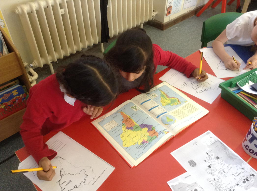 International week-2KS-Brazil: pupils practising their geographical skills, locating Brazil on a map.