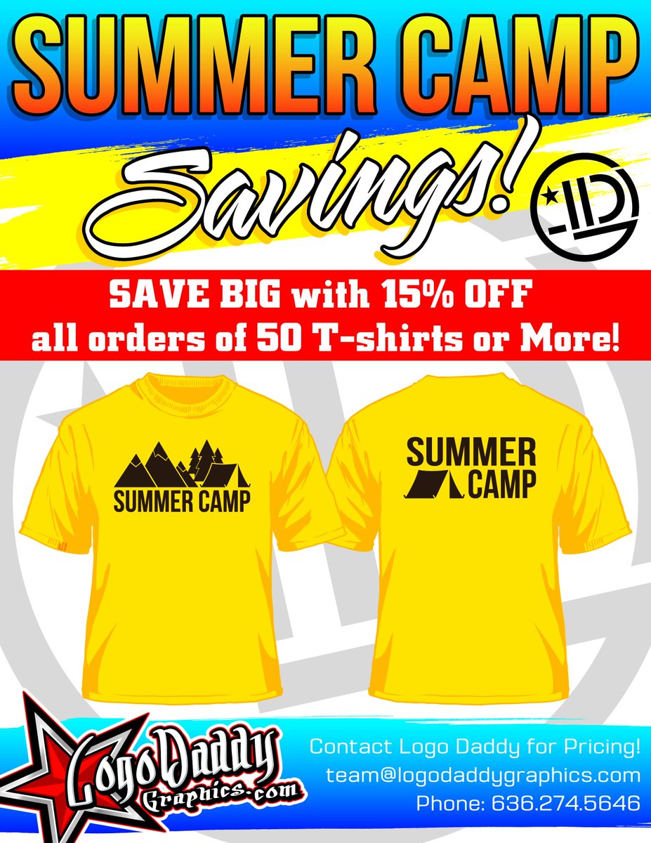 Summer is here, and to celebrate we have a sale on camp t-shirts. Get 15% off all orders of 50 t-shirts or more.
