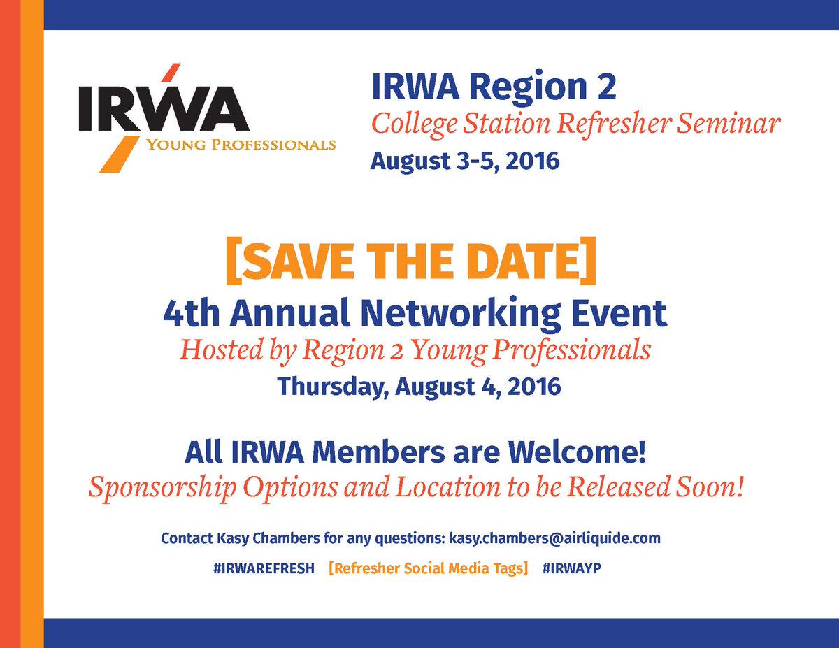 IRWAYP_CH8's tweet photo. Save the Date Aug 4: 4th Annual Networking Event Hosted by Region 2 YPs. #IRWAYP #IRWAREFRESH @IRWAYP @IRWA_Network https://t.co/Bkr0gXp93N