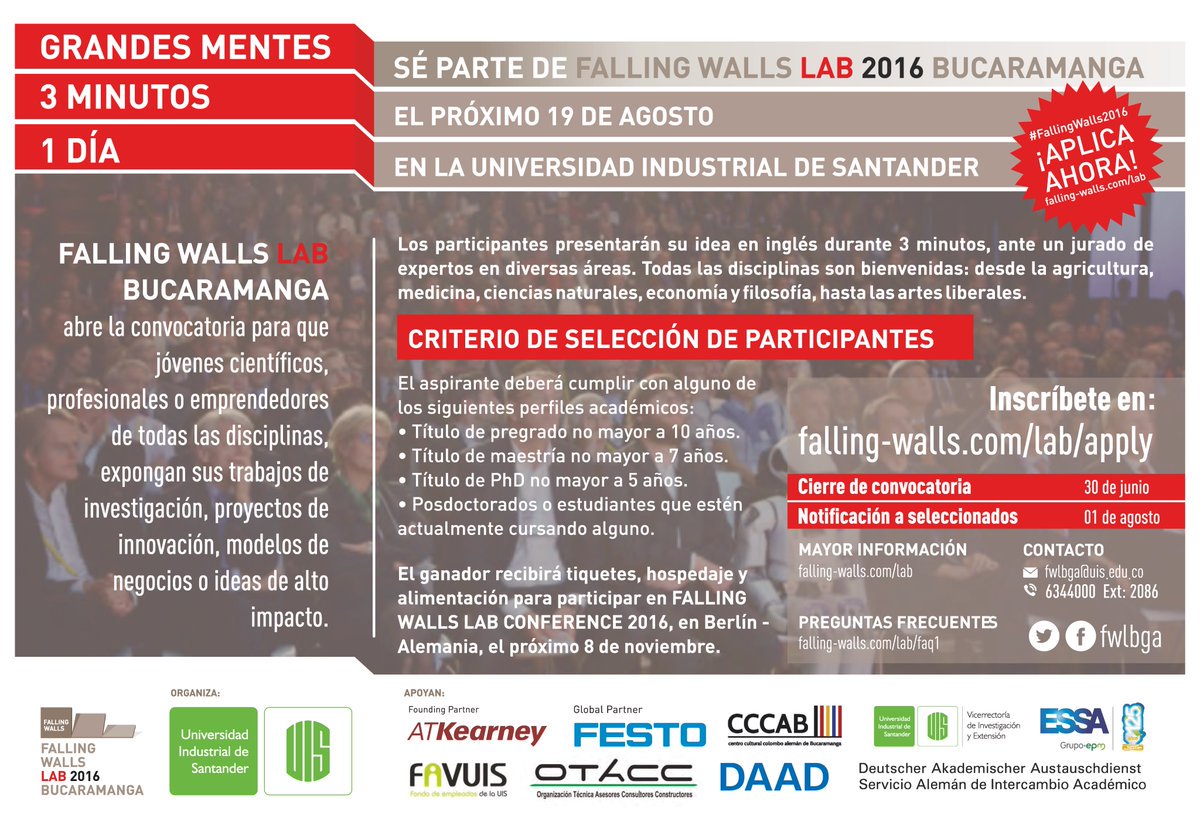 UIS's tweet photo. #UIS @Bucaramanga Se acerca el cierre de inscripciones para #FWLBGA @Falling_Walls -> https://t.co/F6UizAq0Ga https://t.co/yycc4bTNAp