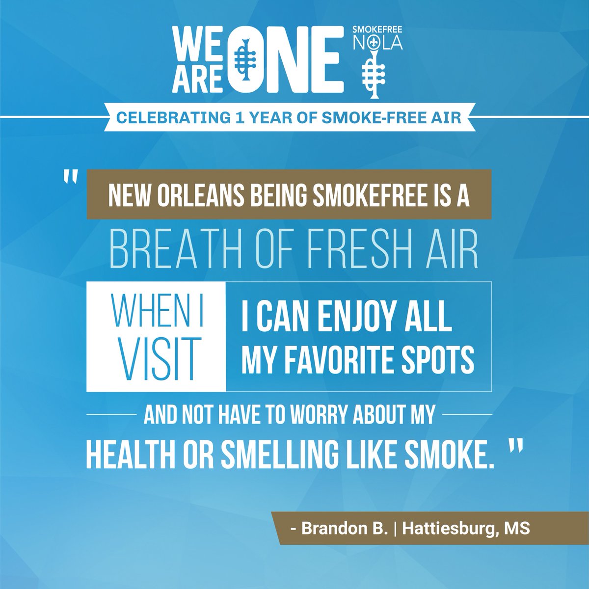 SmokeFreeNOLA's tweet photo. After one year of being smoke free, Our #SmokefreeNola is a more enjoyable place to visit! #WeAreOne https://t.co/QFgkl3BvW6