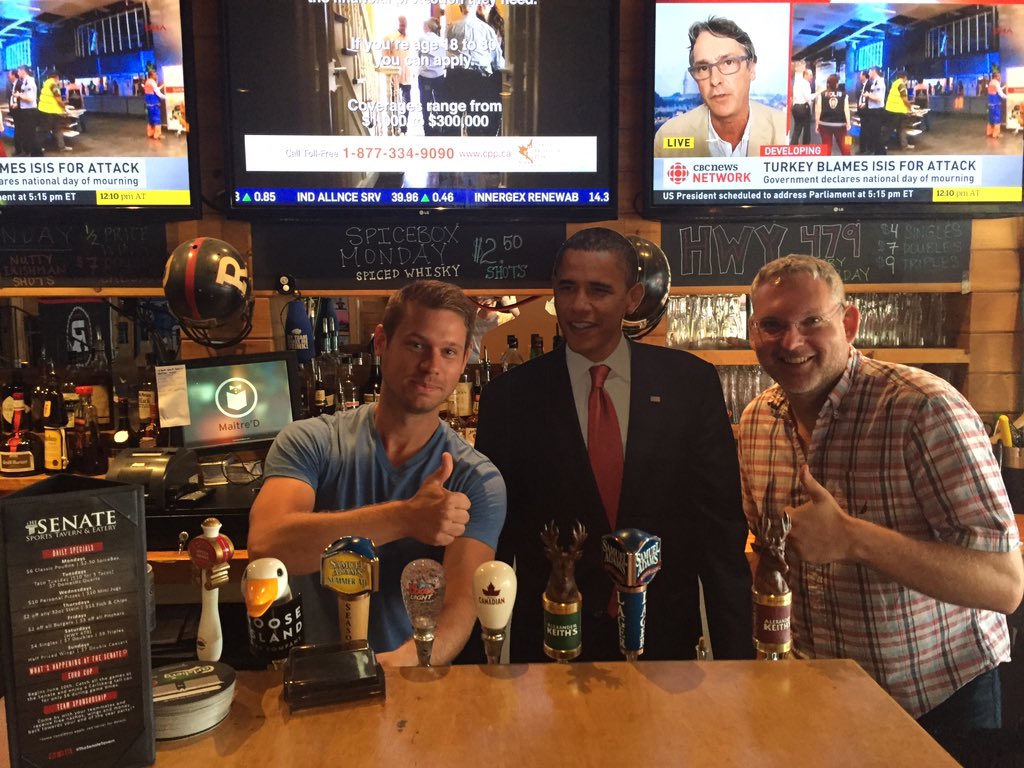 TheSenateTavern's tweet photo. The President visits @thesenatetavern #Ottawa #Obama #obamavisitsottawa  #ottpoli #trudeau #threeamigos #613OTT https://t.co/BDoNwNYXJo
