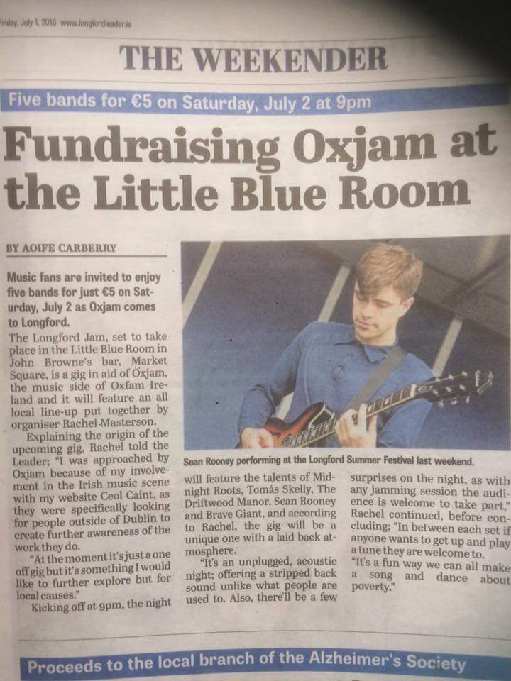 Oxjam_Ireland's tweet photo. Thanks @Longford_Leader for the write-up for this weekends #oxjam #gigmaker event 'The Longford Jam' @ceolcaint https://t.co/b67eMmmsVV