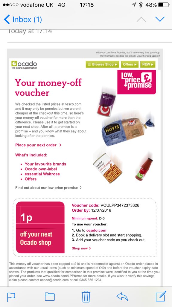 RachelWDesign's tweet photo. Spent over £800 with @Ocado in June so they generously gave me a voucher for 1p off! Now that's customer loyalty! https://t.co/9jo1v6t2k4