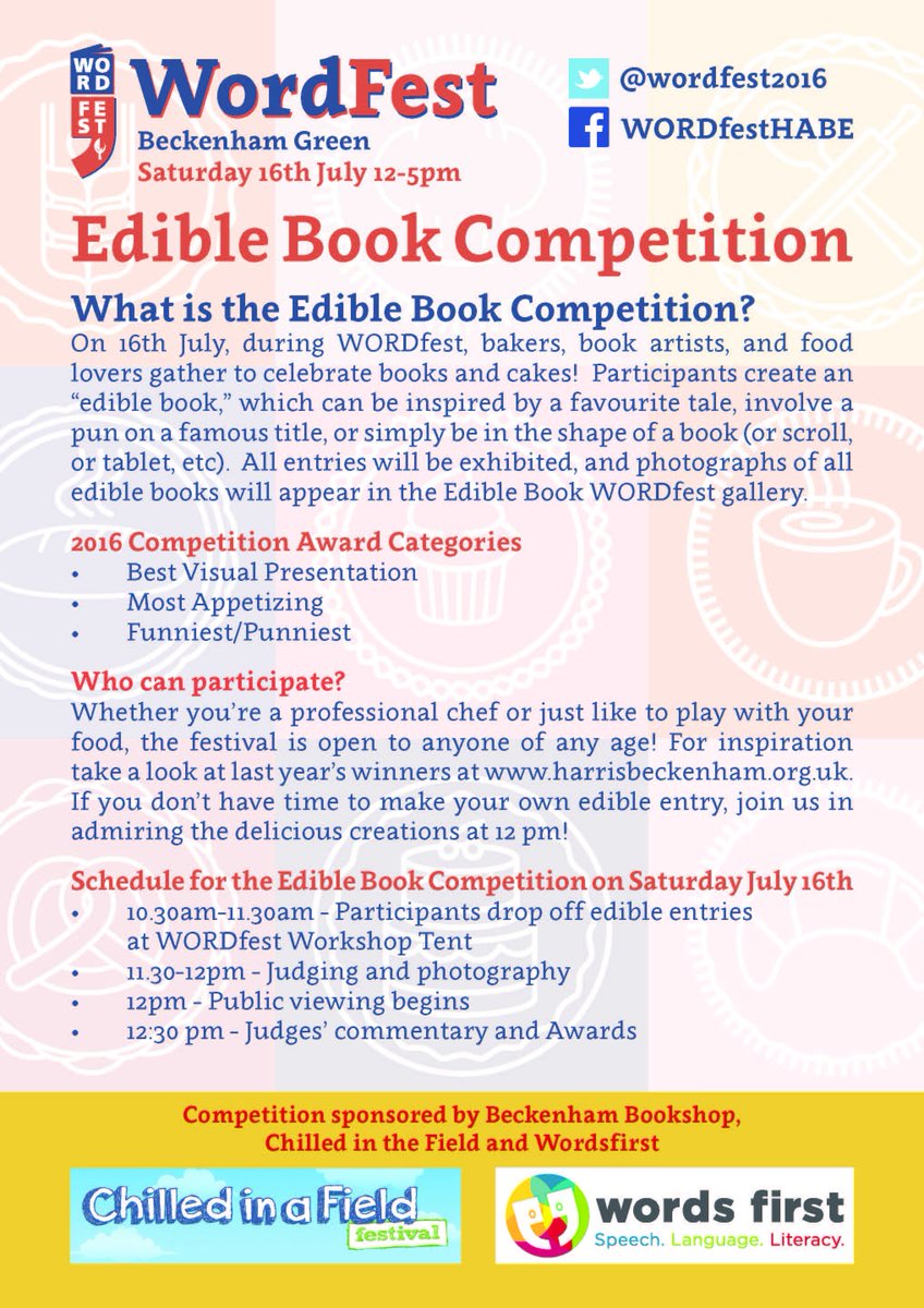 WORDfest2019's tweet photo. Could you be next Brilliant Beckenham Baker?! Enter #wordfest2016 edible book competition! #BeckBromFL https://t.co/Ci55EYZxky