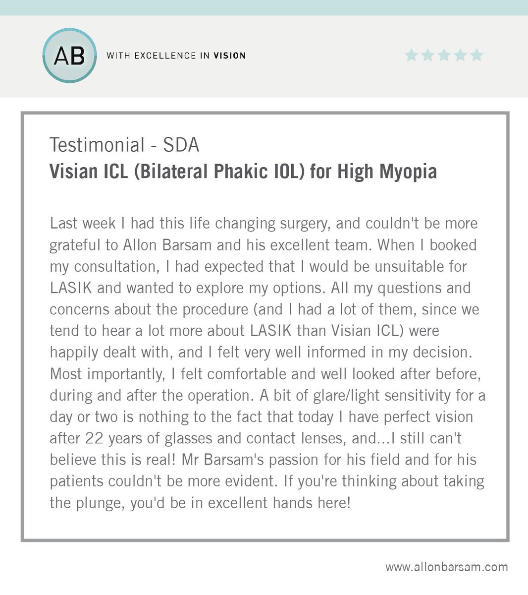 AllonBarsam's tweet photo. 'Perfect vision after 22 years of glasses and contact lenses' #Testimonial #VisianICL #Lasik #ConsultationIsKey https://t.co/ebQDxZfESE