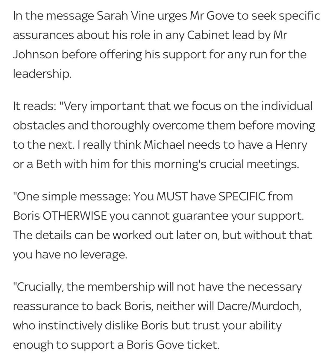 An email to Michael Gove by his wife reveals concerns about the support Boris Johnson has in the party &amp; the media.