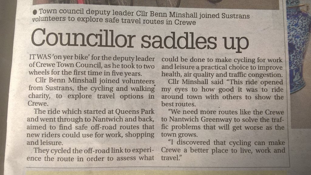 ActiveTravelCre's tweet photo. Discovering cycling is #Goodforyou #GoodforCrewe @Cllr_Minshall @CreweTCouncil Thanks @CreweChronBel https://t.co/AvspZPBNzE