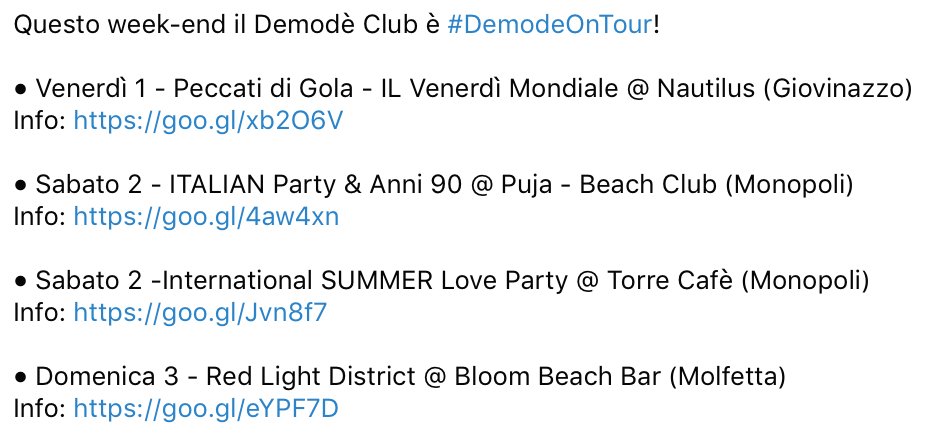 DemodeClub's tweet photo. Eventi della settimana!
Info su https://t.co/mXoTXGJqgp o https://t.co/YO0ppGeYHy
#WeAreDemode #DemodeOnTour https://t.co/fDORZ80XmY