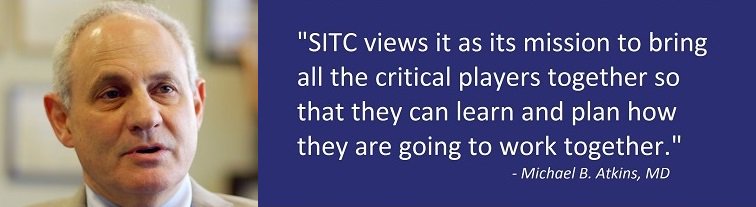 sitcancer's tweet photo. Dr. Michael Atkins of @LombardiCancer understands that #CancerMoonshot success depends on collaboration. #SITCSummit https://t.co/L8zLiqLhsd