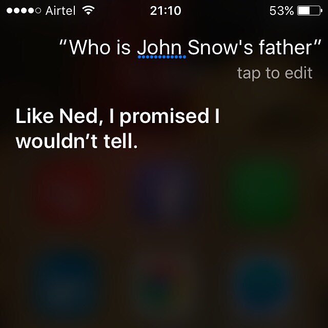 anki_th's tweet photo. Siri is cool! #GameofThrones #SpoilerAlert #GameOfThronesSeason6 #gameofthronesfinale #smartsiri https://t.co/zz6a2GOb4C